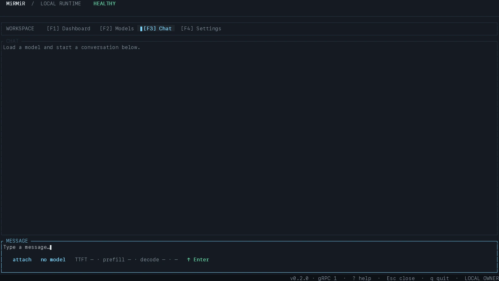 Chat view in the MiRMiR terminal dashboard