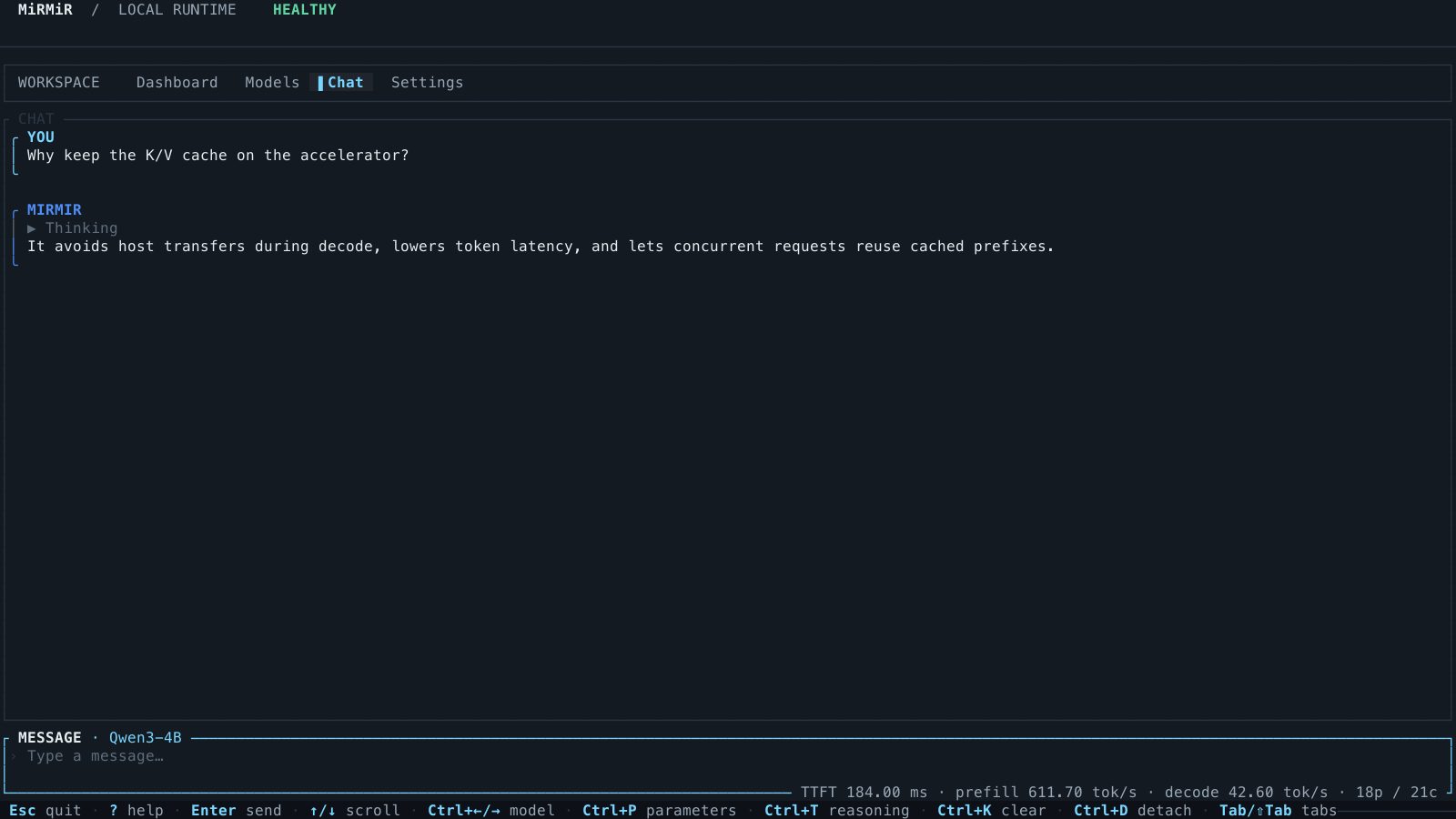 Chat view with a completed response and inference metrics in the MiRMiR terminal dashboard