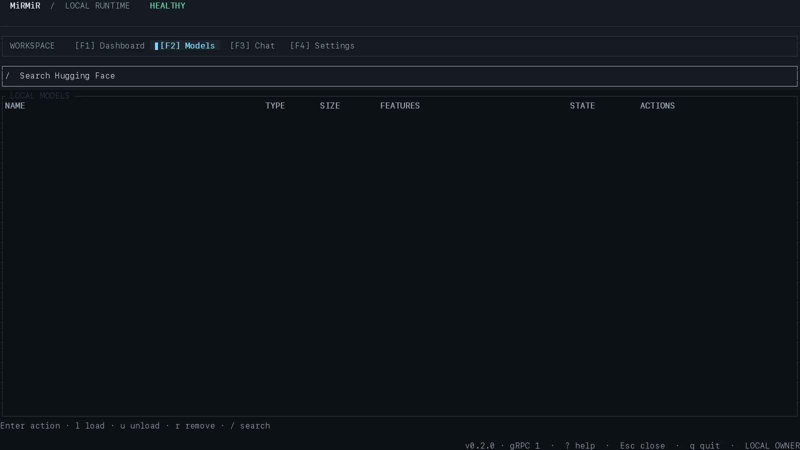Models view in the MiRMiR terminal dashboard