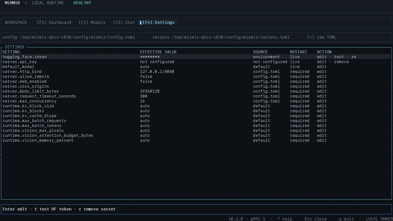 Settings view in the MiRMiR terminal dashboard