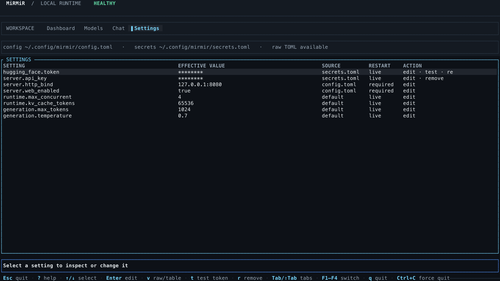 Settings view with effective values, sources, and restart requirements in the MiRMiR terminal dashboard