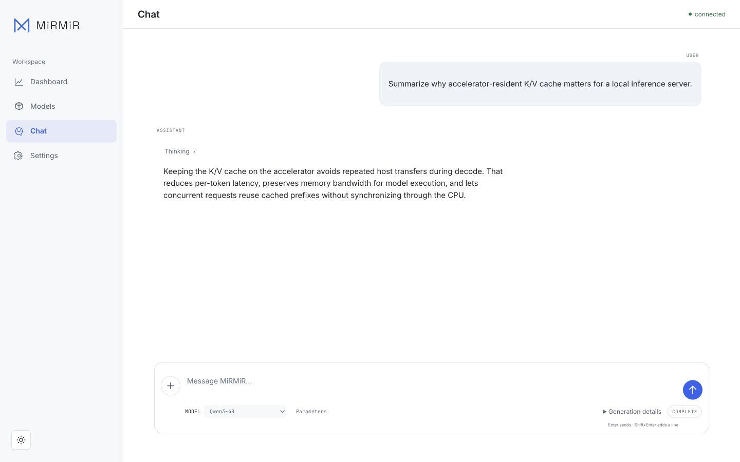 Chat view with a completed response and inference metrics in the MiRMiR web dashboard
