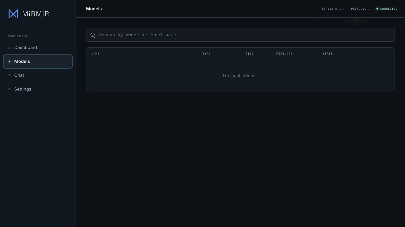 Models view in the MiRMiR web dashboard