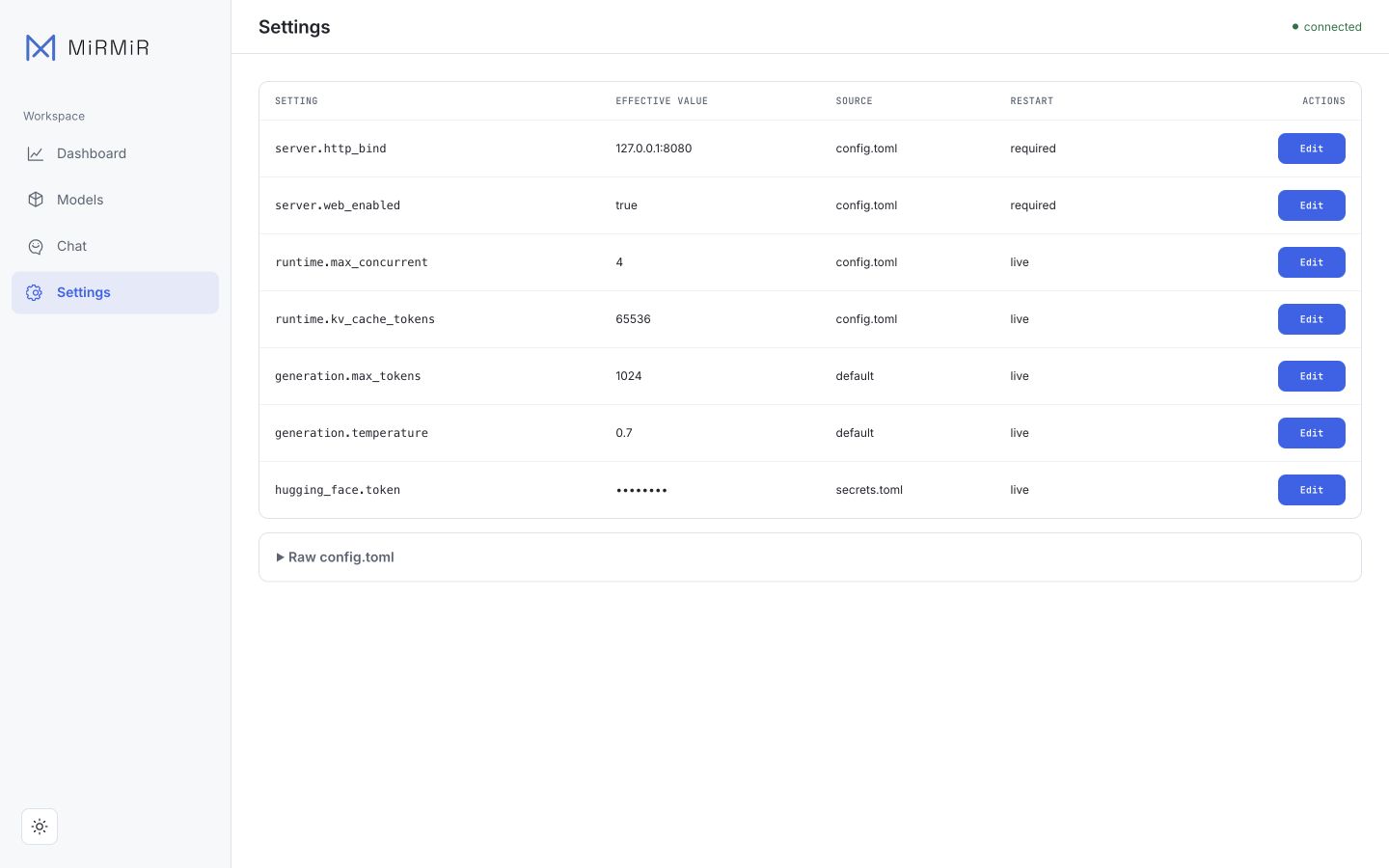 Settings view with effective values, sources, and restart requirements in the MiRMiR web dashboard